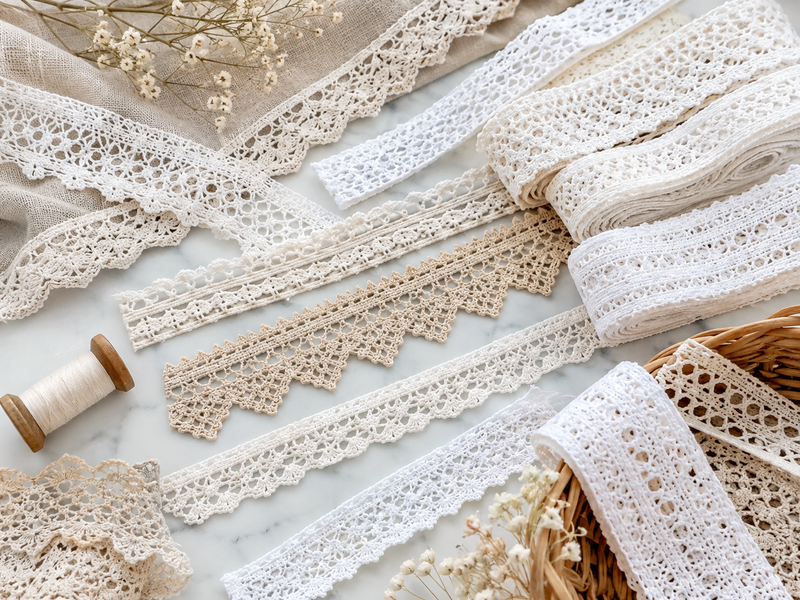 Cotton lace trims in natural white and cream tones for sewing and crafts