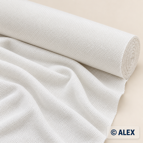 White cotton piqué fabric on a roll