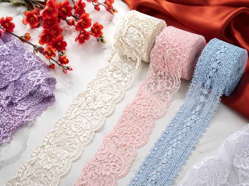 Colourful polyester lace trims with floral patterns for sewing and decoration
