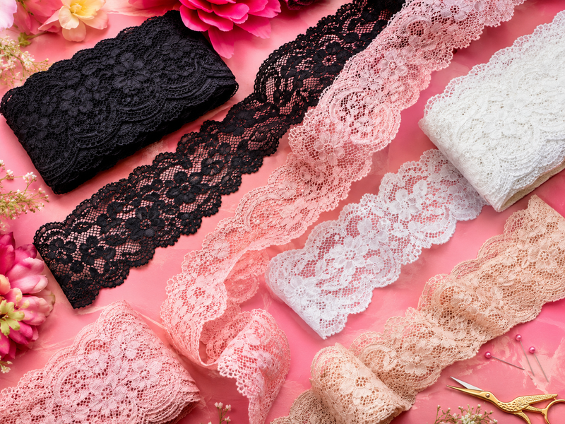 Stretch lace trims in black, pink, white and nude tones for garments and sewing