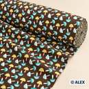 Colourful Mushrooms on Dark Brown Cotton Fabric