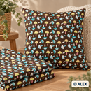 Colourful Mushrooms on Dark Brown Cotton Fabric