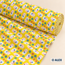 Milk Bottles and Flowers on Yellow Cotton Fabric
