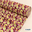 Colourful Paisley on Burgundy Cotton Fabric