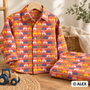 Colourful Tractors on Coral Cotton Fabric