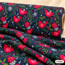 Red Birds and Snowflakes on Navy Cotton Flannel Fabric — fabric detail