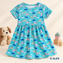 Colourful Dogs on Turquoise Jersey Fabric made into a children's dress