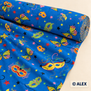 Carnival Masks on Blue Cotton Fabric — fabric detail