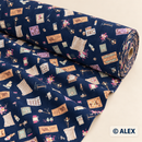 Vintage Sewing Motifs on Navy Cotton Fabric — fabric detail