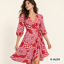 Crimson Psychedelic Eyes Cotton Jersey Fabric made into a wrap dress