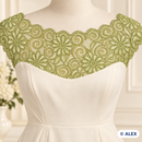 Green daisy scroll elastic lace used as a dress yoke