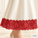 Red rose scroll elastic lace used as a dress hem
