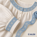 Blue floral medallion Brussels lace used on an ivory linen blouse