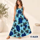 Midnight Grapes on Aqua Cotton Jersey Fabric made into a maxi dress