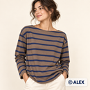 Mocha and Navy Stripes Cotton Jersey Fabric made into a long-sleeve top