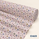 Pale pink 100% organic cotton fabric with small pastel butterflies and flowers on a roll