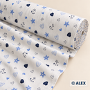 Blue Nautical Hearts 100% organic cotton fabric roll