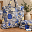Blue Decorative Bottles on Grey Cotton Fabric