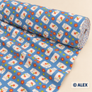 Milk Bottles and Flowers on Blue Cotton Fabric