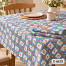 Milk Bottles and Flowers on Blue Cotton Fabric