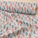 Colourful Feathers on Light Blue Cotton Fabric