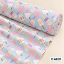 Pastel Ice Creams on Light Blue Cotton Fabric
