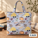 Travel Motifs on Light Blue Cotton Fabric