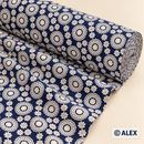 Cream Floral Medallions on Navy Blue Cotton Fabric