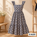 Cream Floral Medallions on Navy Blue Cotton Fabric