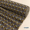 Blue Flower Buds and Green Leaves on Black Cotton Fabric
