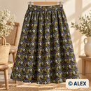 Blue Flower Buds and Green Leaves on Black Cotton Fabric