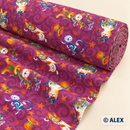 Playful Cats and Stars on Purple Cotton Fabric