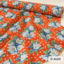 Blue Flowers and White Dots on Orange Cotton Fabric — fabric detail