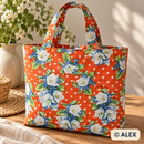 Blue Flowers and White Dots on Orange Cotton Fabric — sewing inspiration