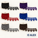Pointed fan edge Brussels lace in black, purple, red, blue, grey and brown