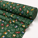 Cars on green printed polycotton fabric