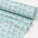 Unicorns and pink stars on mint printed polycotton fabric