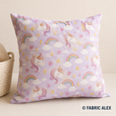 Unicorns and rainbows on light lilac polycotton fabric cushion example © Fabric Alex