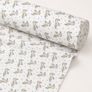 Unicorns and teal stars on white printed polycotton fabric