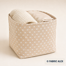 White polka dots on beige polycotton fabric storage basket example © Fabric Alex