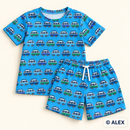 Surf Camper Vans on Turquoise Cotton Jersey Fabric made into a children's set