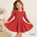 Tiny White Daisies on Red Cotton Jersey Fabric made into a children's dress