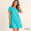 Tonal Turquoise Clover Jersey Fabric made into a dress