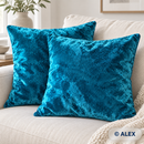 Turquoise velvet cushion covers — illustrative sewing use