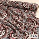 Brown and Red Paisley on Grey Viscose Fabric — fabric detail