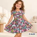 Whimsical Spiral Characters Cotton Jersey Fabric made into a children's dress