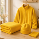 Yellow fleece made into a blanket, zip-up jacket and beanie