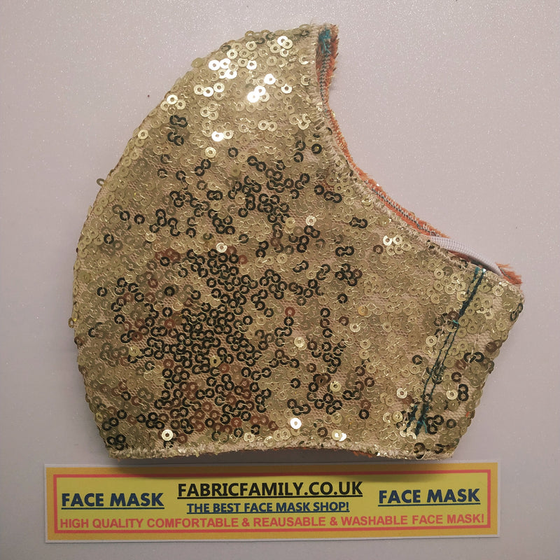 Sequins Gold Face Mask | 3 Layers With Filter | 100% Cotton | Perfect Nose To Mouth Fit | Reusable - Shop Fabrics, Cushions & Dressmaking Supplies online - Fabric Family