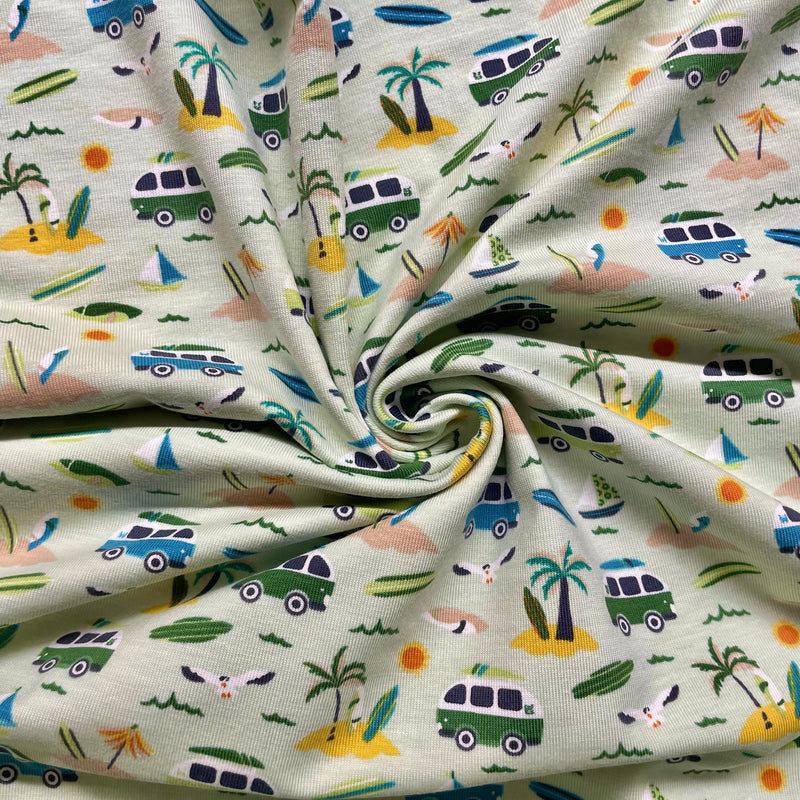 Beach Camper Van Cotton Jersey Fabric | Width - 148cm/58inch