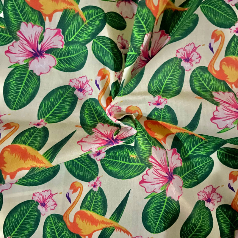 Tropical Flamingo Polycotton Fabric | Width - 115cm/45inch - Shop Fabrics, Cushions & Dressmaking Supplies online - Fabric Family